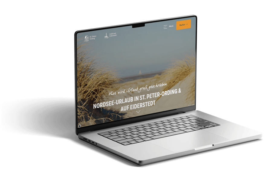 Auf einem MacBook ist die St. Peter-Ording Website geöffnet.