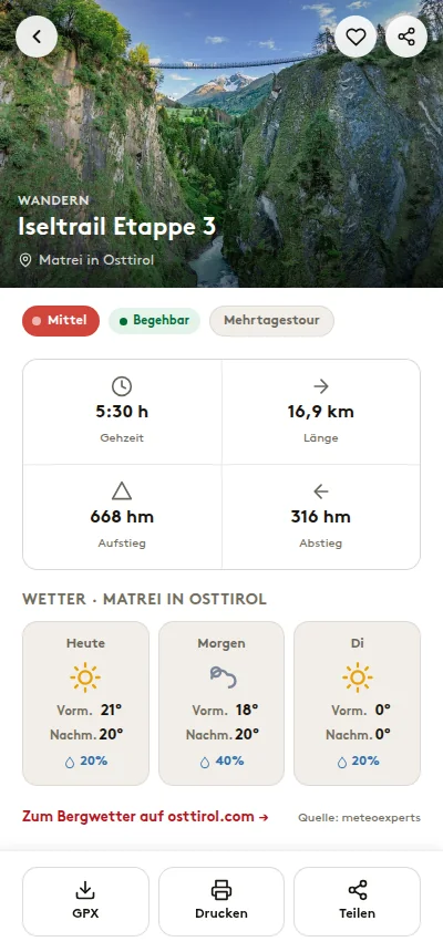 Mobile Detailseite einer Tour in webx_contwise mit Titelbild, Kennzahlen, Bergwetter und GPX-/Drucken-/Teilen-Buttons