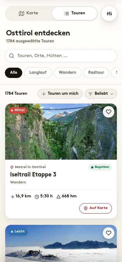 Mobile Tourenliste in webx_contwise: Filter-Chips, Sortierung und Tour-Karten mit Schwierigkeit, Distanz, Gehzeit und Höhenmetern