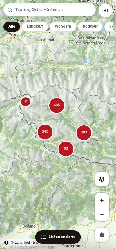 webx_contwise auf dem Smartphone: interaktive Karte mit geclusterten Touren-Markern, Beispiel Region Osttirol
