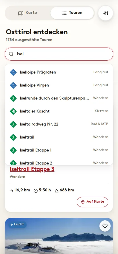 Mobile Suche in webx_contwise: Autovervollständigung zeigt nach Eingabe von „Isel“ passende Touren, Loipen und Ziele mit Kategorie